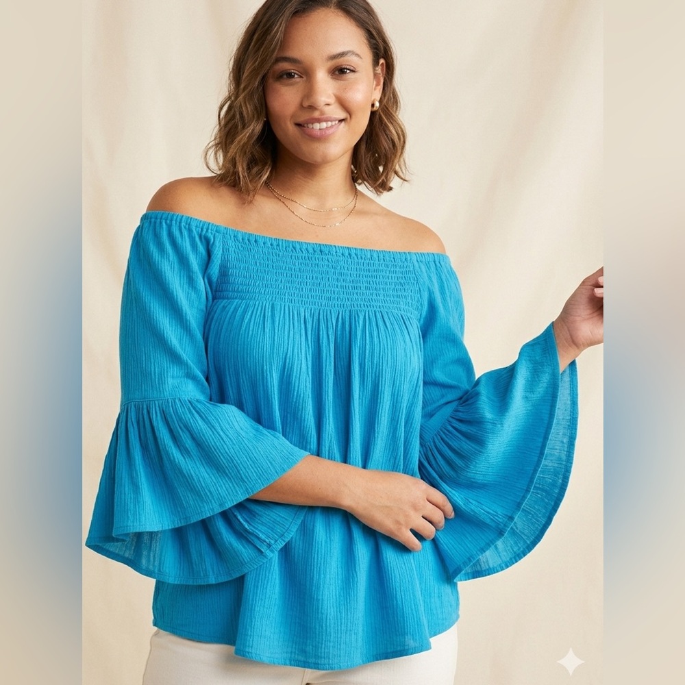 Studio West Turquoise Blouse with Flared Sleeves